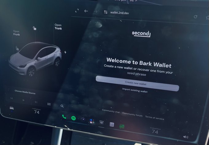 A Tesla vehicle's touchscreen display shows a web browser navigated to wallet.2nd.dev, displaying a 'Welcome to Bark Wallet' page with options to create or import a wallet under the 'second' logo.