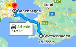 A Google Maps screenshot showing a driving route from Copenhagen to Seethenhagen (Trelleborg), estimated at 44 minutes and 54.9 km.