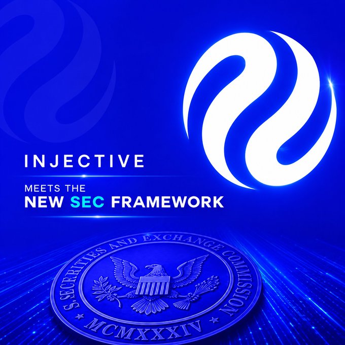 A blue promotional graphic reading 'INJECTIVE MEETS THE NEW SEC FRAMEWORK' alongside the Injective logo and a metallic seal of the U.S. Securities and Exchange Commission featuring an eagle.