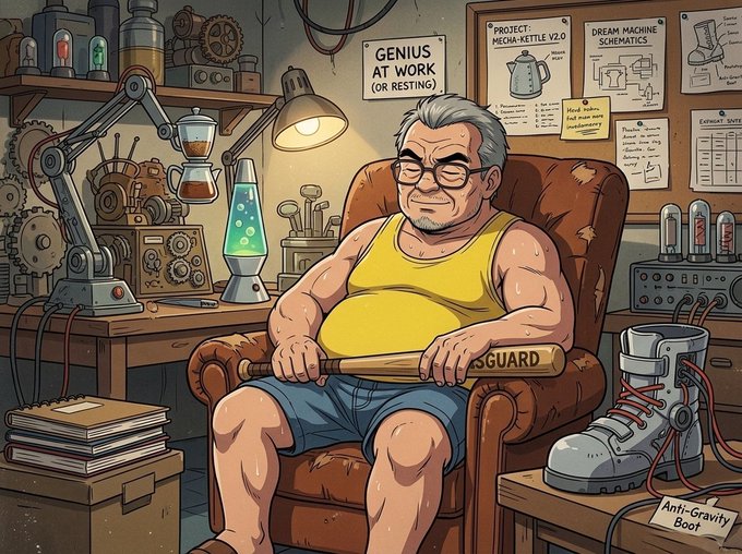 An elderly man in a yellow tank top relaxes in a worn armchair, gripping a baseball bat labeled "GUARD," surrounded by his cluttered workshop featuring project plans titled "PROJECT: MECHA-KETTLE V2.0," "DREAM MACHINE SCHEMATICS," and "ANTI-GRAVITY BOOT." The image playfully illustrates "GN GUARDIANS" by portraying the user as a veteran "genius at work (or resting)" guarding his inventive empire.
