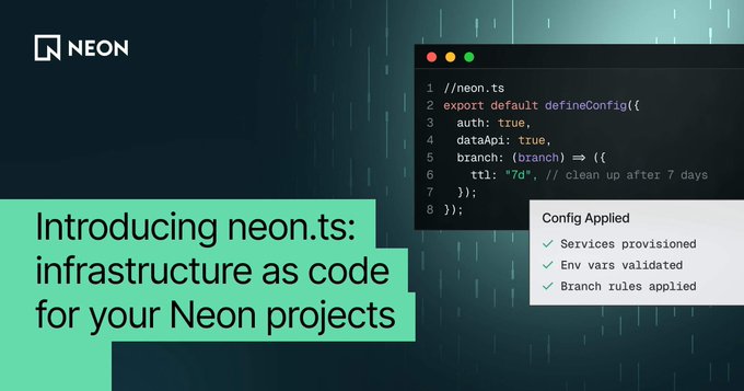 The image shows a computer screen displaying a piece of code, possibly from a programming language like JavaScript or Python. Below the code, there are two lines of text that read "Introducing Neo4j: infrastructure as code" and "@neondatabase infrastructure as code". The text suggests that using code instead of writing raw SQL queries can make it easier to manage and maintain data in a database environment.
