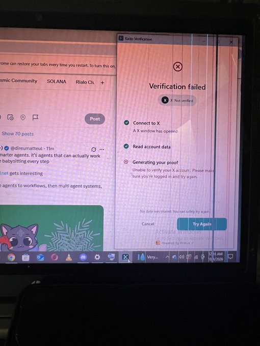 A laptop screen showing a 'Kaito Verification' popup with 'Verification failed' status, overlaid on a Twitter/X feed in a browser.
