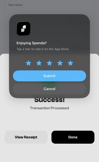 A mobile app screenshot showing a 'Success! Transaction Processed' screen with a prompt to rate Spenda on the App Store with 5 stars.