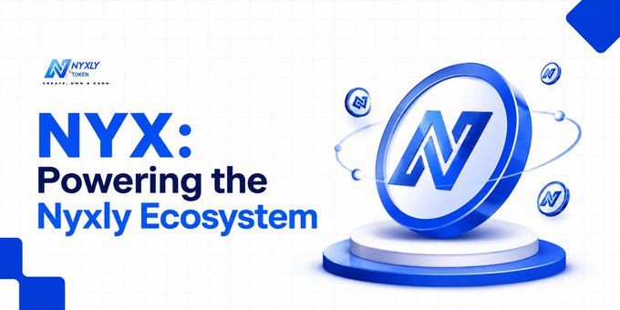 A digital promotional graphic featuring the NYX logo and a stylized 3D blue coin/token emblem on a podium, with the bold text "NYX: Powering the Nyxly Ecosystem" displayed alongside, visually reinforcing the post's introduction of the $NYX token as the utility layer of the Nyxly platform.