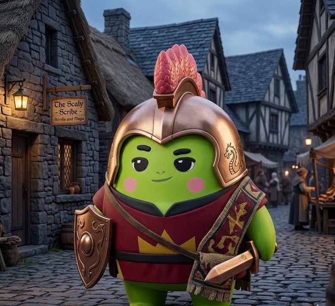 A 3D-rendered cute green character wearing a copper helmet with a pink crest, a red tunic, and holding a shield in a medieval village setting, with a sign reading 'The Scaly Scribe - Scrolls and Maps'.