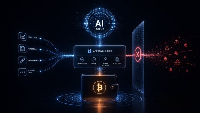 A futuristic visualization depicts an "AI AGENT" at the top, with data streams from "Market Data," "News Feeds," "On-Chain Data," and "Strategy/Logic" feeding through an "Approval Layer" (containing permissions, limits, human approval, and audit logs) toward a Bitcoin wallet, while a firewall blocks AI-powered threats like phishing and honeypots on the right—illustrating the post's point about AI agents increasingly managing real money amid rising AI-driven security risks.