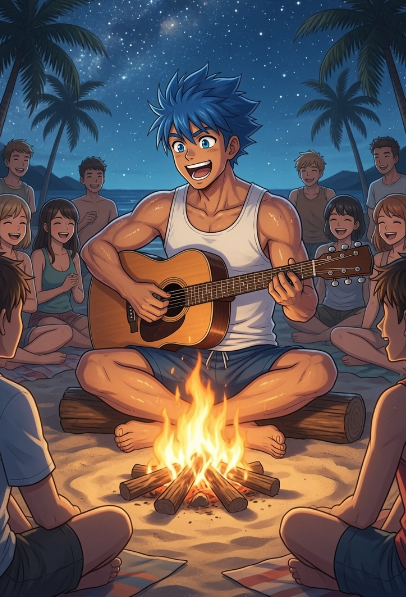 An anime-style illustration of a blue-haired muscular man playing guitar and singing around a campfire on a beach at night, surrounded by a group of smiling friends.