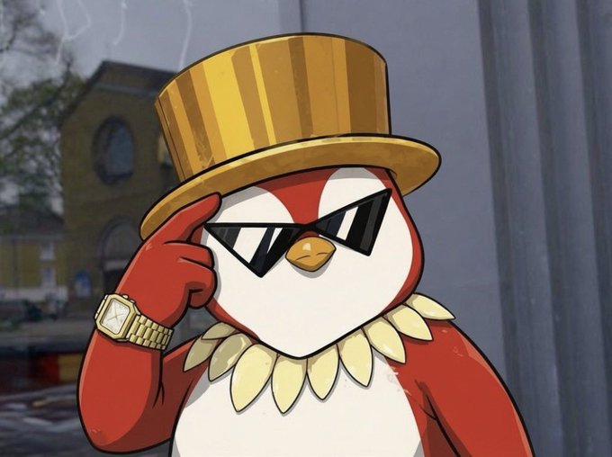 An animated red and white penguin character wearing a gold top hat, black sunglasses, a gold chain, and a gold watch tips its hat in a cool gesture against an urban backdrop. The image is used to convey a laid-back, "vibing" mood, reflecting the post's nostalgic commentary about the fleeting highs of the previous year's crypto market and the importance of playing the long game with experienced players.