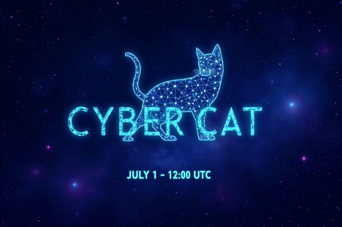 A glowing blue neon cat logo made of connected nodes sits against a starry night sky background, with "CYBER CAT" displayed prominently and "JULY 1 - 12:00 UTC" announcing the token's launch date—visually reinforcing the post's teaser about the upcoming 12-hour countdown to the CYBER CAT drop.