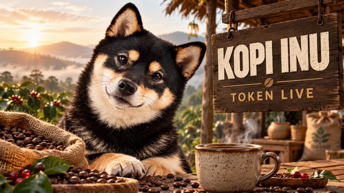 An AI-generated image featuring a Shiba Inu dog lying on burlap sacks of coffee beans next to a steaming cup, with a sign that reads 'KOPI INU TOKEN LIVE' against a misty sunrise landscape.