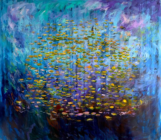 An impressionist oil painting depicting a cluster of yellow and orange water lilies floating on a vibrant blue and purple pond, reminiscent of Monet's water lily series.