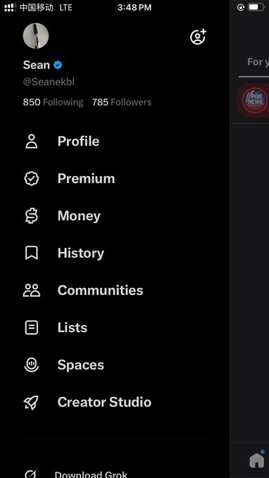 A screenshot of X (formerly Twitter) showing Sean K's (@Seanekbl) profile sidebar menu with navigation options including Profile, Premium, Money, History, Communities, Lists, Spaces, and Creator Studio, displaying 850 Following and 785 Followers. The image relates to the post by showcasing the verification of Sean Kbl's X account alongside a reference to XMoney, likely in the context of a new feature or integration.