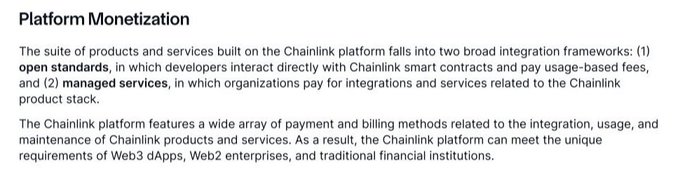 Text excerpt titled 'Platform Monetization' describing the Chainlink platform's two integration frameworks: 'open standards' and 'managed services', along with payment and billing methods.