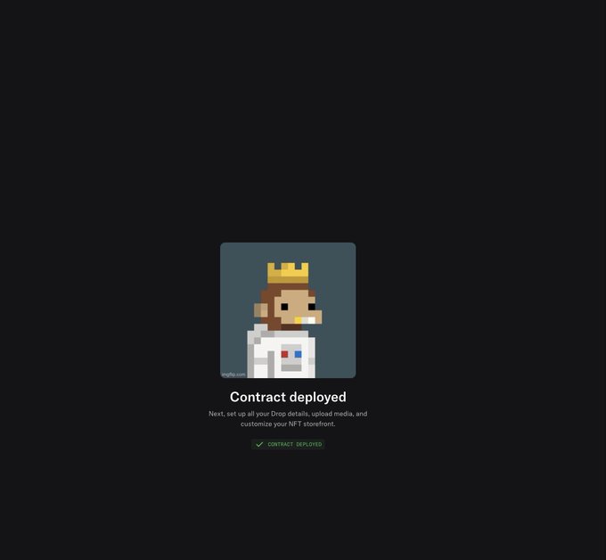 The image displays a "Contract deployed" notification with a pixelated monkey wearing a crown and astronaut suit. This relates to the post by confirming the contract deployment is complete, which is crucial for the NFT mint happening today.