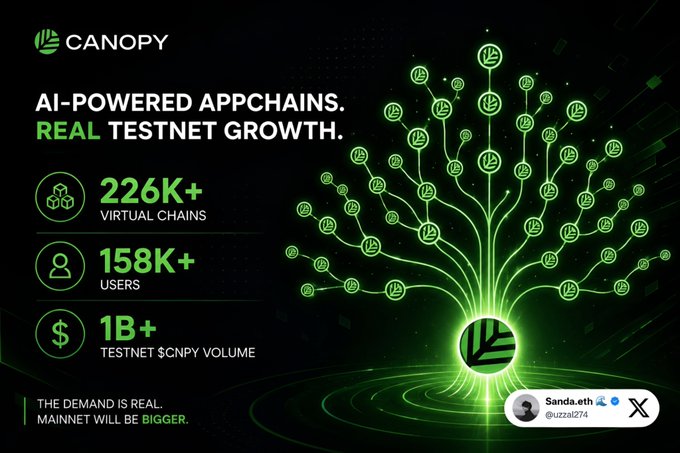 A promotional graphic for Canopy highlighting 'AI-POWERED APPCHAINS. REAL TESTNET GROWTH.' with stats of 226K+ virtual chains, 158K+ users, and 1B+ testnet $CNPY volume, alongside a green tree-shaped network diagram and a tweet from @u2211274.