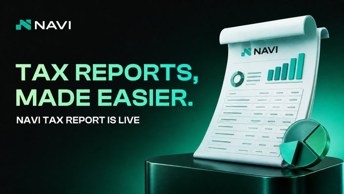 An advertisement for "NAVI" promoting their new tax reporting service with the text "TAX REPORTS, MADE EASIER. NAVI TAX REPORT IS LIVE" displayed next to a document and pie chart.