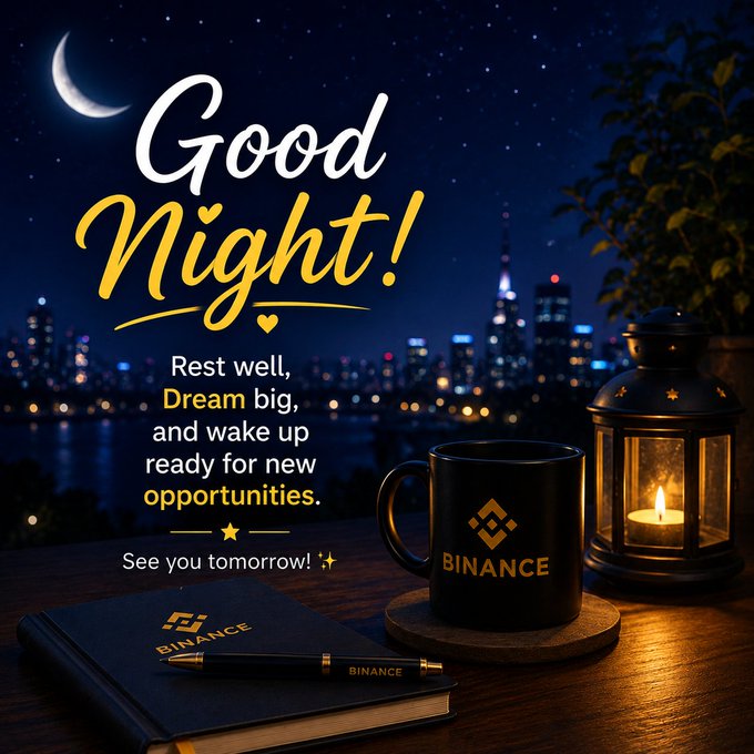 A 'Good Night!' graphic with a Binance-branded mug, notebook, and pen on a desk, with the message 'Rest well, Dream big, and wake up ready for new opportunities.'