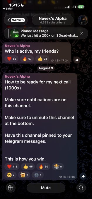 A Telegram channel screenshot shows 'Novex's Alpha' with 4,583 subscribers, featuring a pinned message celebrating a 200x on $Deadwhale and instructions for upcoming calls.