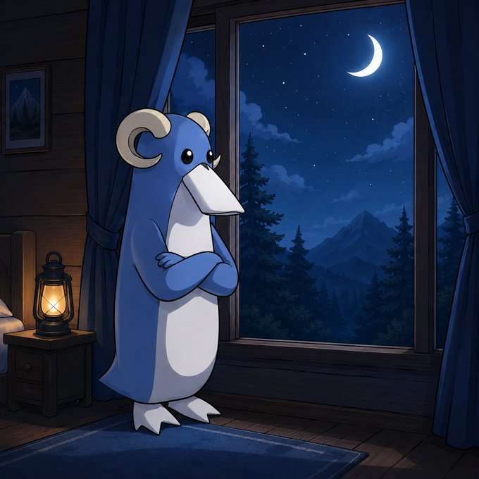 The image features a blue penguin standing by an open window, looking out at the night sky. The penguin has its arms crossed and appears to be contemplating something or waiting for someone. In the background of the image, there are trees visible through the window, adding to the overall atmosphere of the scene. The post that accompanies this image is titled "Good night Crypto is bleeding but every red day can be a lesson for a greener tomorrow". This message suggests that even in difficult situations or challenging circumstances, it's important to remember the value of sustainability and environmental consciousness.