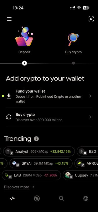 A screenshot of a crypto wallet app (appears to be Robinhood) showing options to 'Deposit' or 'Buy crypto,' with a trending section displaying tokens like Analyst, B20, SKYAI (+43.15%), ARROW, LAB (289M MCap, -51.93%), and Cupsey.