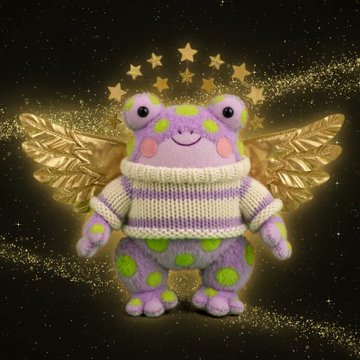 A purple stuffed frog toy wearing a striped sweater, posed with golden angel wings and a halo of stars against a dark, starry background.
