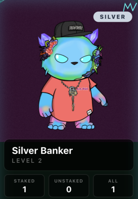 A digital NFT profile card featuring a holographic blue bear character wearing a black cap and coral t-shirt, labeled "Silver Banker, LEVEL 2" with stats: STAKED 1, UNSTAKED 0, ALL 1.