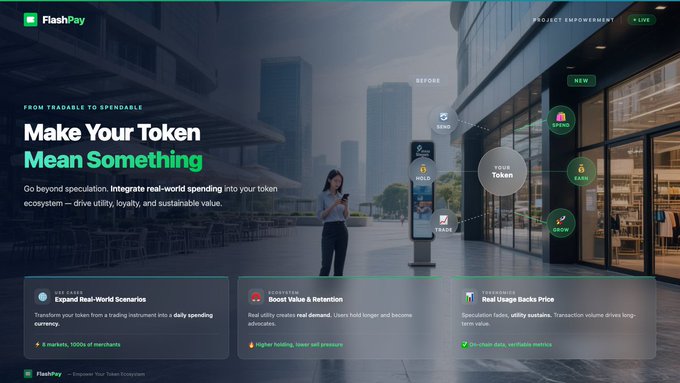The image shows a woman standing outside of a building with a large screen displaying information about making tokens mean something. The text on the screen encourages users to spend their tokens offline for real-world purchases or donations, such as supporting Vietnam, Philippines, Nigeria, Brazil, Mexico, and the United States. Additionally, it suggests that users can buy food and drink using their tokens while supporting causes like Vietnam, Philippines, Nigeria, Brazil, Mexico, and the United States. The woman in the image is holding a cell phone, possibly looking at the screen or engaging with an app related to token spending.