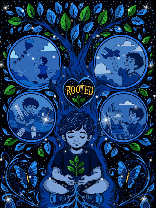 A vivid blue-and-green illustration of a child meditating beneath a tree, surrounded by circular scenes of childhood play and labeled “ROOTED” in the center.
