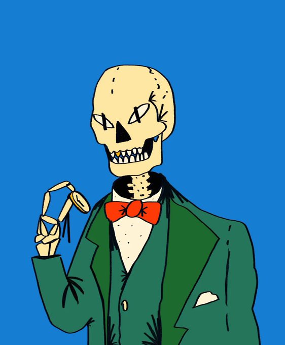 An illustration of a skeleton wearing a green suit and red bow tie, holding a pocket watch, set against a solid blue background.