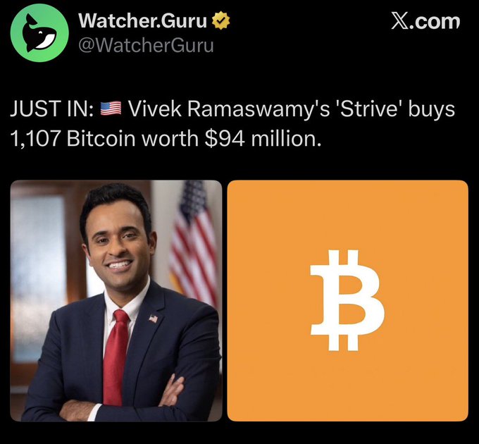 A Watcher.Guru tweet announces: 'JUST IN: 🇺🇸 Vivek Ramaswamy's 'Strive' buys 1,107 Bitcoin worth $94 million,' with photos of Ramaswamy and the Bitcoin logo.