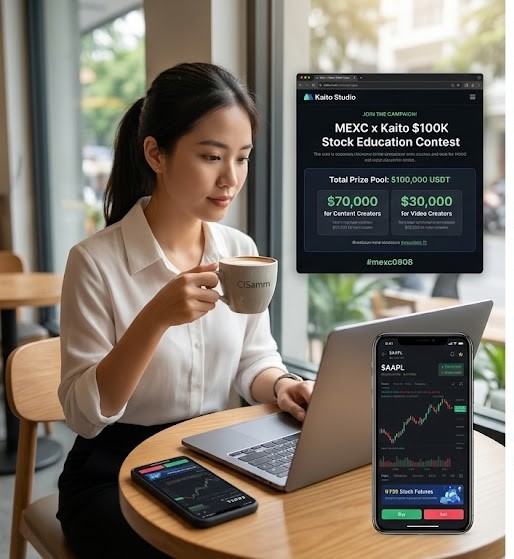 A woman sits at a café table holding a mug while viewing a 'MEXC x Kaito $100K Stock Education Contest' promotion with a $100,000 USDT prize pool on her laptop and smartphone.