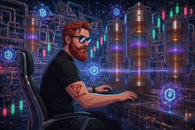 A red-bearded developer wearing a "TRON"-tattooed black t-shirt and futuristic sunglasses types at a keyboard in a neon-lit crypto server room filled with glowing Tron (TRX) hexagonal logos and candlestick charts, visualizing the network's leap into post-quantum blockchain security with ML-DSA-44 and FN-DSA-512 signatures on the Nile testnet.