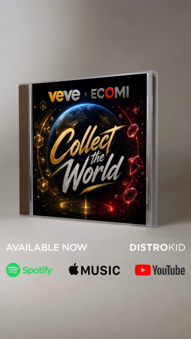 A CD case titled 'veve × ECOMI Collect the World' is displayed with availability text 'AVAILABLE NOW' alongside logos for Spotify, Apple Music, YouTube, and DistroKid.