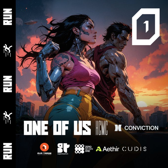 Cover art for 'ONE OF US HCWC' by Conviction, depicting a cyborg woman and a muscular man against a sunset cityscape, with logos for Ava Trade, Superteam, Zero Seven One, Aethir, and Cudis.