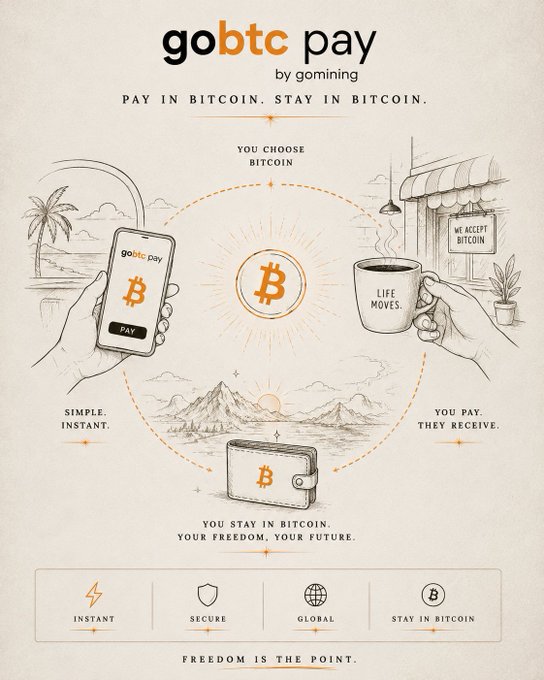 The image is a hand-drawn infographic for "gobtc pay by gomining" with the tagline "PAY IN BITCOIN. STAY IN BITCOIN," illustrating a Bitcoin transaction cycle: a hand using the "gobtc pay" app on a phone to pay a coffee shop that accepts Bitcoin, with a wallet at the bottom representing that you stay in Bitcoin. It visually reinforces the post's message that paying with Bitcoin through a familiar app-based habit is simple, instant, and preserves your financial freedom ("FREEDOM IS THE POINT").