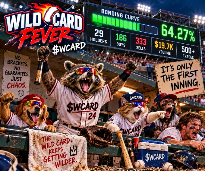 A baseball-themed meme titled 'WILD CARD FEVER $WCARD' features anthropomorphic animals cheering, alongside stats like 'BONDING CURVE 64.27%', '29 HOLDERS', and '$19.7K VOLUME 500+ TRADES'.