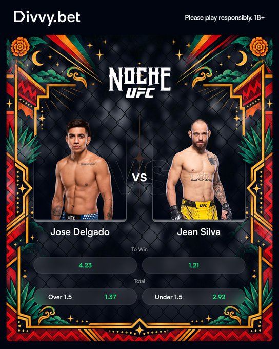 A UFC betting advertisement from Divvy.bet featuring a matchup between Jose Delgado and Jean Silva, with odds for 'To Win' (4.23 vs 1.21) and 'Total' (Over 1.5 at 1.37, Under 1.5 at 2.92).