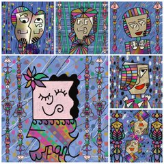 A colorful, pop-art style collage featuring several cartoonish faces with exaggerated expressions and bright patterns.