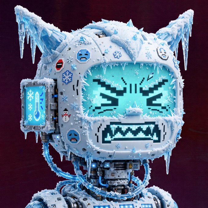 A pixel-art style image of a frost-covered robotic head featuring a digital angry face display, icicles, snowflakes, and various stickers on its chassis.