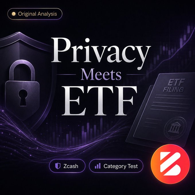 Promotional graphic titled 'Privacy Meets ETF' with 'Original Analysis' tag, featuring a padlock shield, ETF filing document, and buttons for 'Zcash' and 'Category Test'.