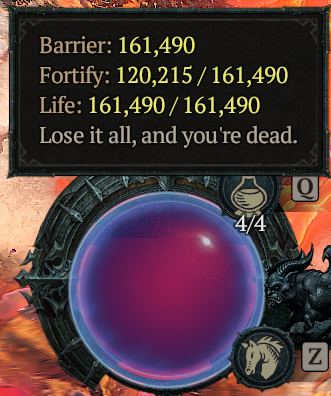 A Warlock gameplay screenshot displaying a defensive skill tooltip with "Barrier: 161,490," "Fortify: 120,215 / 161,490," and "Life: 161,490 / 161,490," accompanied by the warning "Lose it all, and you're dead." The high defensive stats visually support the post's claim about the Warlock class being "pretty tanky" in the featured build.