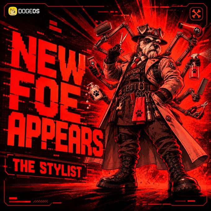 A red-and-black Dogeos promo graphic shows a steampunk Doge-like stylist surrounded by robotic grooming arms, alongside the text “DOGEOS,” “NEW FOE APPEARS,” and “THE STYLIST.” It promotes completing Chapter 2 quests in time to earn the limited-edition PimpMyDoge item while the Stylist boss is taking heavy damage.