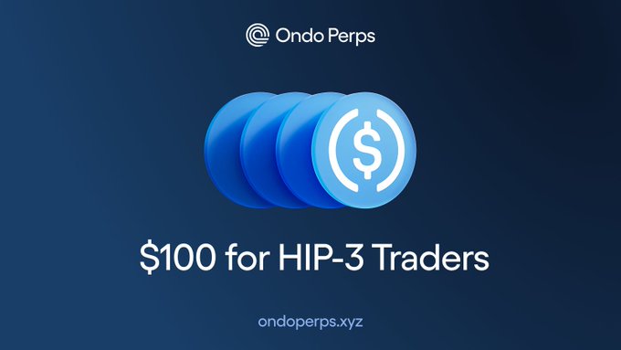 A promotional banner for Ondo Perps with a blue gradient background, displaying stacked USDC coins and the offer '$100 for HIP-3 Traders' along with the website ondoperps.xyz.