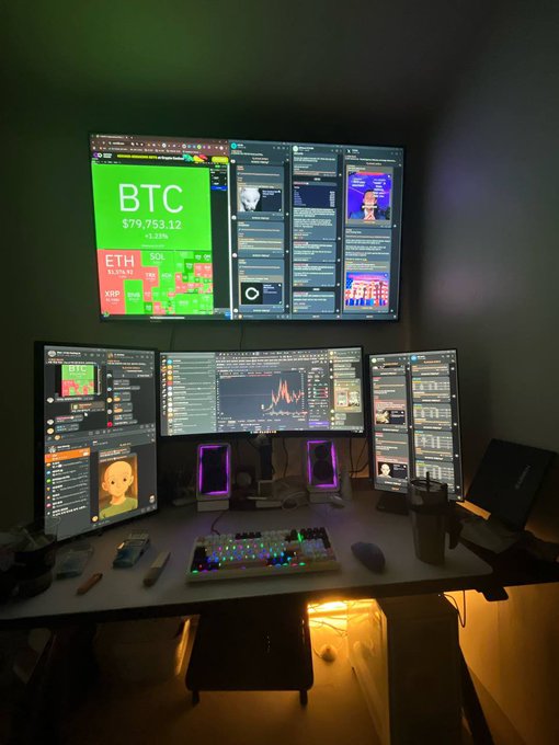 A multi-monitor trading setup glows in a dimly lit room, with a large wall-mounted screen displaying BTC at $79,753.12 and ETH at $1,613.96, alongside four desktop monitors showing charts, social feeds, and a chat with a digital avatar. A backlit RGB mechanical keyboard, purple speakers, and warm under-desk lighting complete the sleek crypto trader's command center, matching the "Oppa's device" post by highlighting its stunning, high-tech aesthetic.