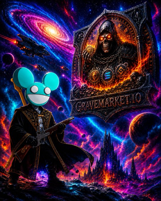 A dark fantasy digital artwork featuring a hooded skeletal figure with glowing eyes beside a teal mouse-like character in robes holding a rifle, with the text 'GRAVEMARKET.IO' displayed on an ornate gothic emblem against a cosmic purple and red space background.