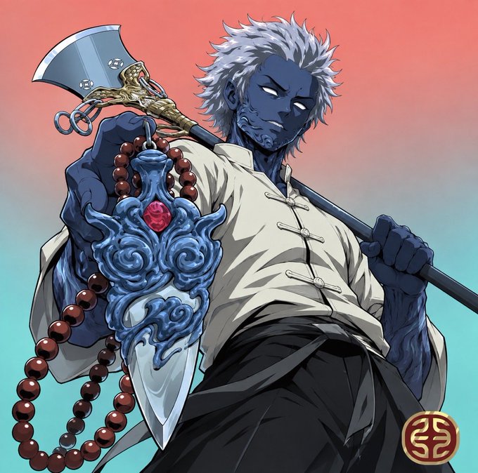 An anime-style illustration shows a blue-skinned man with white hair in traditional clothing, holding a large ornate polearm with red prayer beads and a decorative emblem.