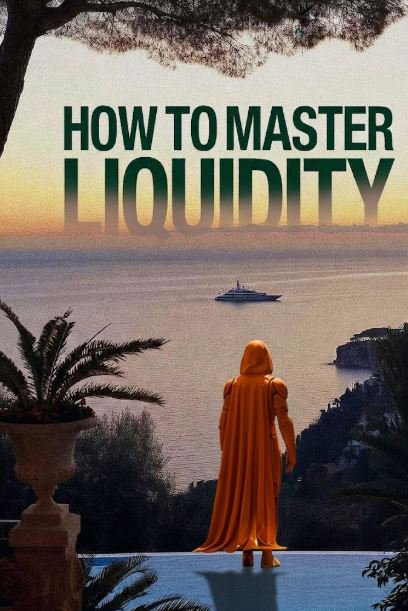 A promotional-style image with the bold text 'HOW TO MASTER LIQUIDITY' overlaid on a scenic coastal view at sunset, featuring a hooded figure in an orange robe overlooking the sea from a terrace.