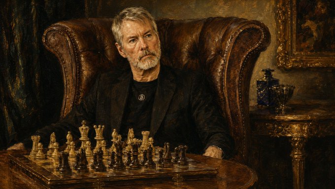 A portrait-style image of a gray-haired bearded man in a dark jacket sitting in a brown leather wingback chair at a table with a wooden chess set arranged for a game.