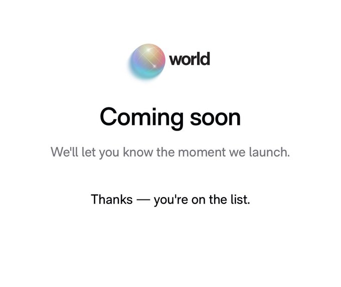 A "Coming soon" page for "world" (world_xyz) is displayed, featuring a holographic sphere logo and the message "We'll let you know the moment we launch. Thanks — you're on the list." The image supports the post's claim that despite spending $80k on a domain, the project has remained in this stealth "Coming soon" state since 2023 with no visible product to show.