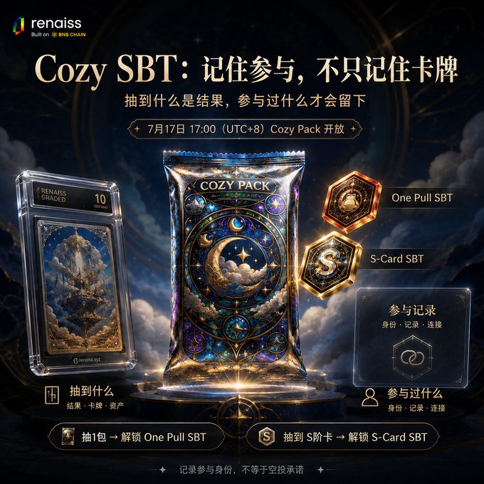 The image is a promotional graphic for RENAISS's "Cozy SBT" campaign, announcing the Cozy Pack opening on July 17 at 17:00 (UTC+8), featuring a graded 10 card, a Cozy Pack, and badges for the "One Pull SBT" and "S-Card SBT" rewards, with the tagline "Cozy SBT: 记住参与，不只记住卡牌" (Remember the participation, not just the card).